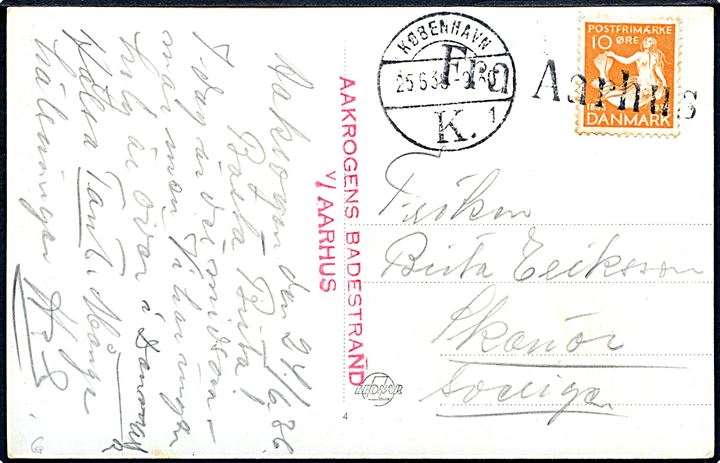 10 øre H. C. Andersen på brevkort (strandparti med telte og børn) Aakrogens Badestrand v/ Aarhus annulleret med skibsstempel Fra Aarhus og sidestemplet Købewnhavn d. 25.6.1936 til Skanör, Sverige.