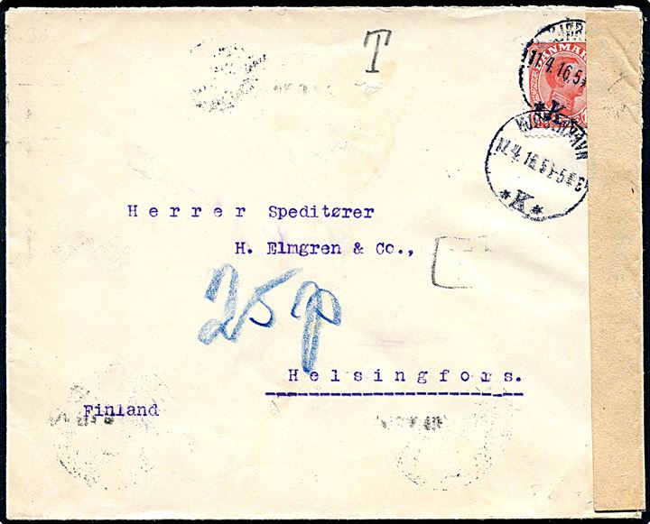 10 øre Chr. X single på underfrankeret brev fra Kjøbenhavn d. 11.4.1916 til Helsingfors, Finland. Udtakseret i finsk 25 p. porto og åbnet af russisk censur i Helsingborg.