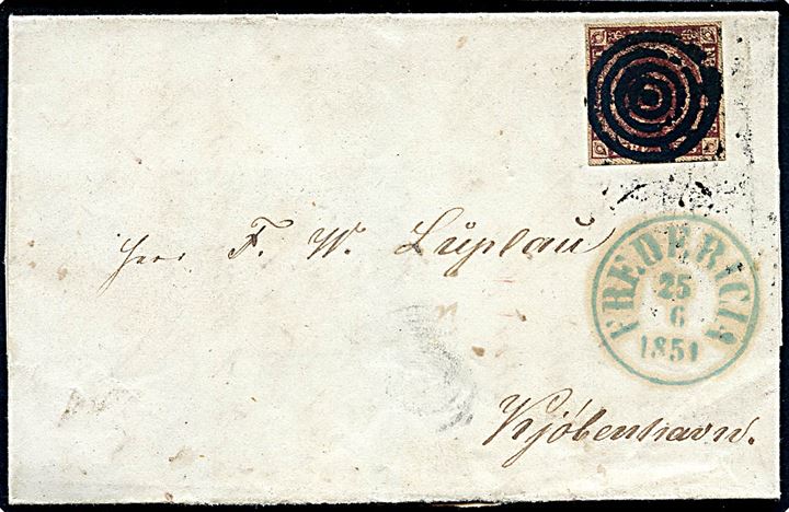 4 R.B.S. Ferslew med fuld rand på lille brev annulleret med stumt stempel og sidestemplet antiqua Fredericia d. 25.6.1851 til Kjøbenhavn.