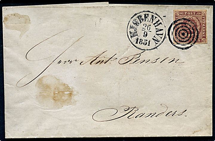 4 R.B.S. Ferslew med flot rand på brev annulleret med stumt stempel og sidestemplet antiqua Kjøbenhavn d. 26.9.1851 til Randers.
