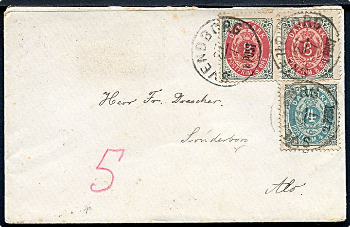 4 øre og 8 øre (par) Tofarvet på brev fra Svendborg d. 27.7.1885 til Sønderborg på Als. 