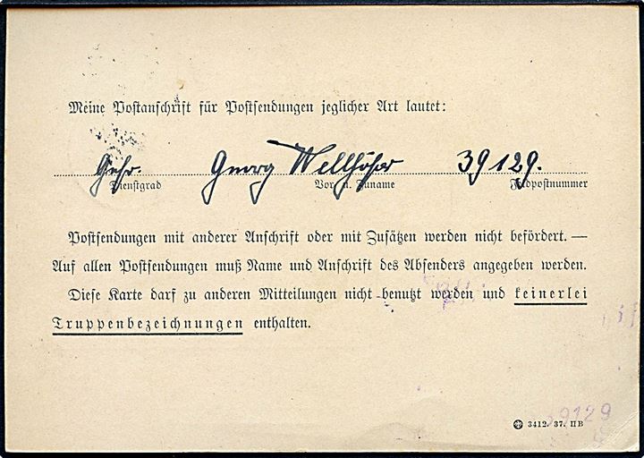 Ufrankeret fortrykt feltpostkort stemplet Feldpost d. 12.2.1940. Formular vedr. feldpostadresse: 39129 (= Sanitäts-Kompanie 173). 