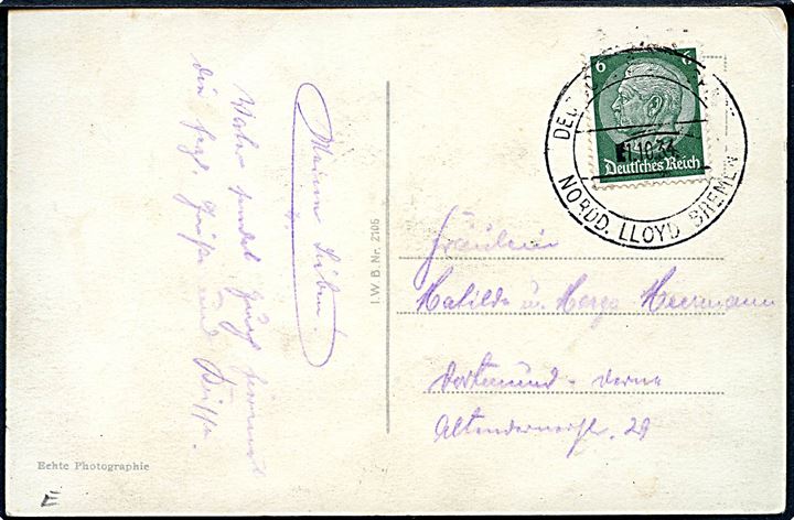 6 pfg. Hindenburg på brevkort (Stürmische Seefahrt) annulleret med skibsstempel Deutsche Schiffspost / Nordd. Lloyd Bremen d. 1.00.1934 til Dortmund.