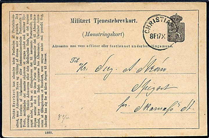 Militært Tjenestebrevkort stemplet Christiania d. 17.10.1888.