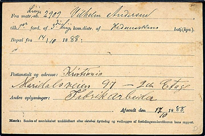Militært Tjenestebrevkort stemplet Christiania d. 17.10.1888.