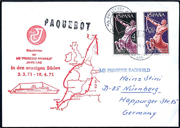 Spansk 4 pts. og 6,50 pts. på illustreret krydstogt kuvert annulleret med skibsstempel M/S Prinsesse Ragnhild  on cruise d. 9.4.1971 og sidestemplet paquebot til Nürnberg, Tyskland.