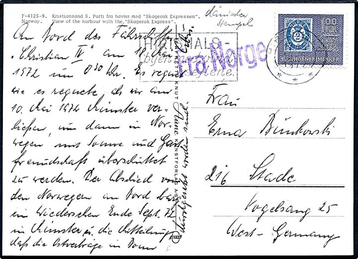 100 øre Posthornmærket på brevkort (M/S Skagerak Expressen i Kristiansand S.) annulleret Hirtshals 1972 okg sidestemplet Fra Norge til Stade, Tyskland.