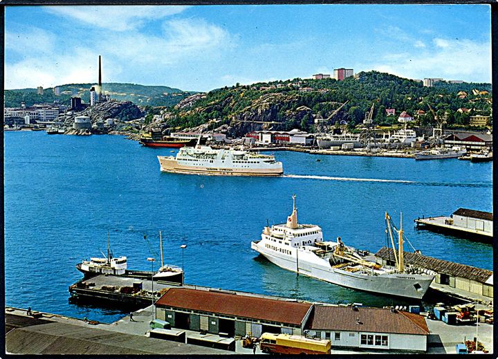 100 øre Posthornmærket på brevkort (M/S Skagerak Expressen i Kristiansand S.) annulleret Hirtshals 1972 okg sidestemplet Fra Norge til Stade, Tyskland.
