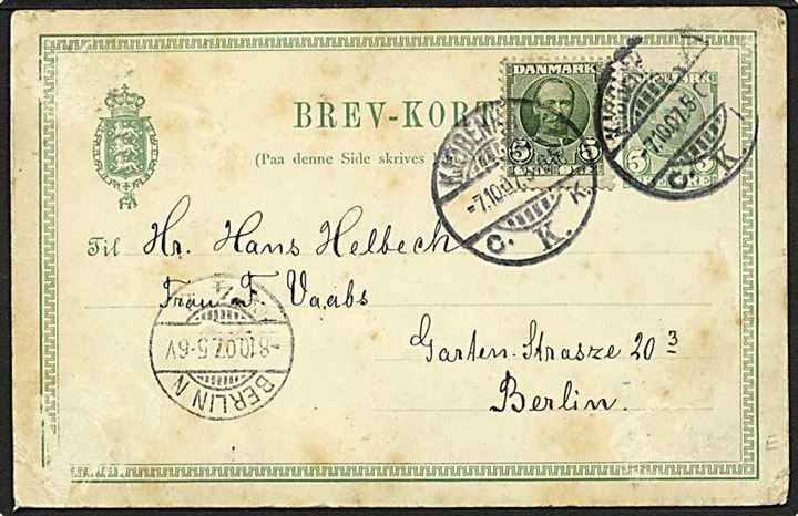 Sejlskib. Håndtegnet 5 øre Fr. VIII helsagsbrevkort opfrankeret med 5 øre Fr. VIII og sendt fra Kjøbenhavn d. 7.10.1907 til Berlin, Tyskland.