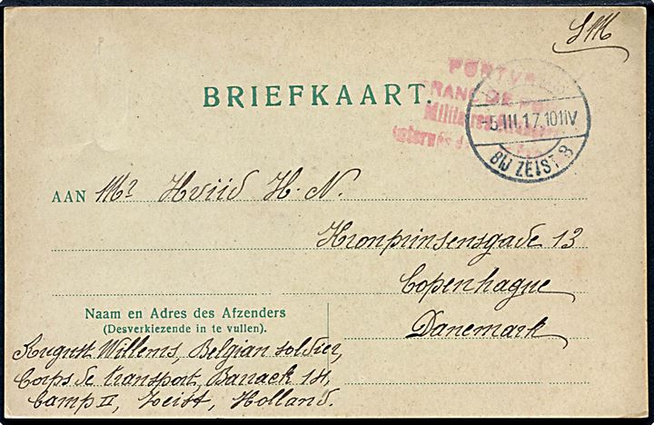 Ufrankeret krigsfangebrev fra interneret belgisk soldat i Lager Zeist d. 5.3.1917 til København, Danmark.