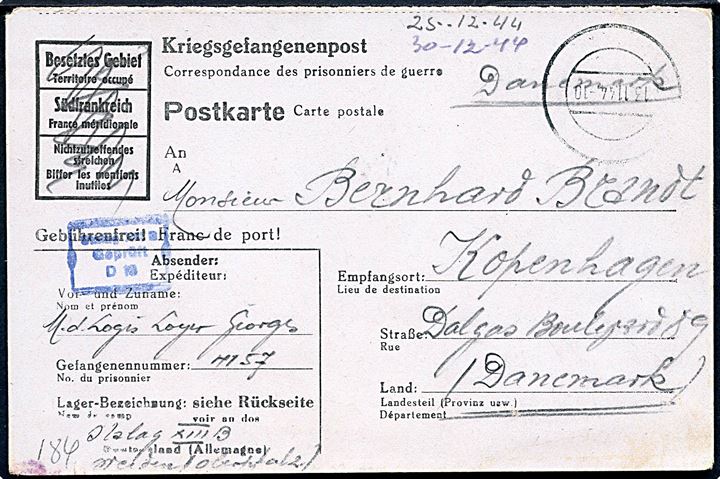 Spørgedel af ufrankeret fortrykt krigsfange dobbeltbrevkort med stumt stempel d. 13.11.1944 til København, Danmark. Sendt fra krigsfange i Stalag XIIIB (= Weiden, Tyskland). Blå lejrcensur.