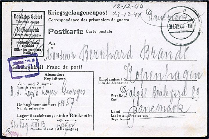 Spørgedel af ufrankeret fortrykt krigsfange dobbeltbrevkort med stumt stempel d. 1.12.1944 til København, Danmark. Sendt fra krigsfange i Stalag XIIIB (= Weiden, Tyskland). Violet lejrcensur.