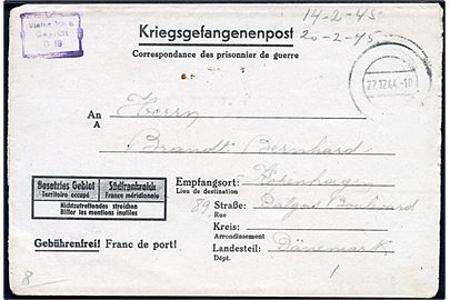 Ufrankeret krigsfange foldebrev med stumt stempel d. 22.12.1944 til København, Danmark. Sendt fra fange i Stalag XIIIB (= Weiden, Tyskland). Violet lejrcensur.