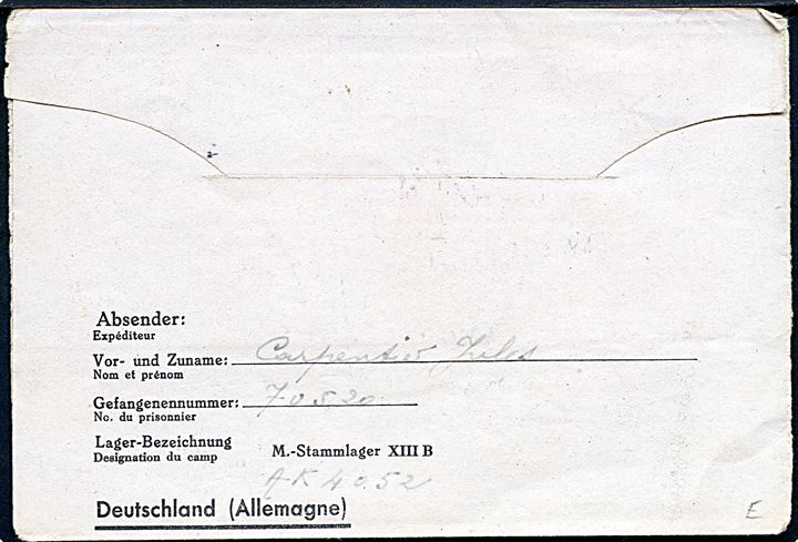 Ufrankeret krigsfange foldebrev med stumt stempel d. 22.12.1944 til København, Danmark. Sendt fra fange i Stalag XIIIB (= Weiden, Tyskland). Violet lejrcensur.