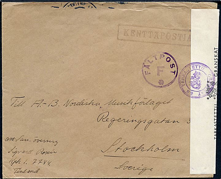 Ufrankeret feltpostbrev uden datering fra sanitets oversergent ved KpK1/7744 (= Kenttäsairaalat 38 / Feltlazaret 38) med violet stempel Fältpost F til Stockholm, Sverige. Åbnet af finsk censur.