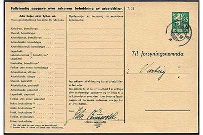 10+25 øre helsagsbrevkort Søknadskort for Arbeidsklær fra Ise d. 14.2.1948. Nålehuller.