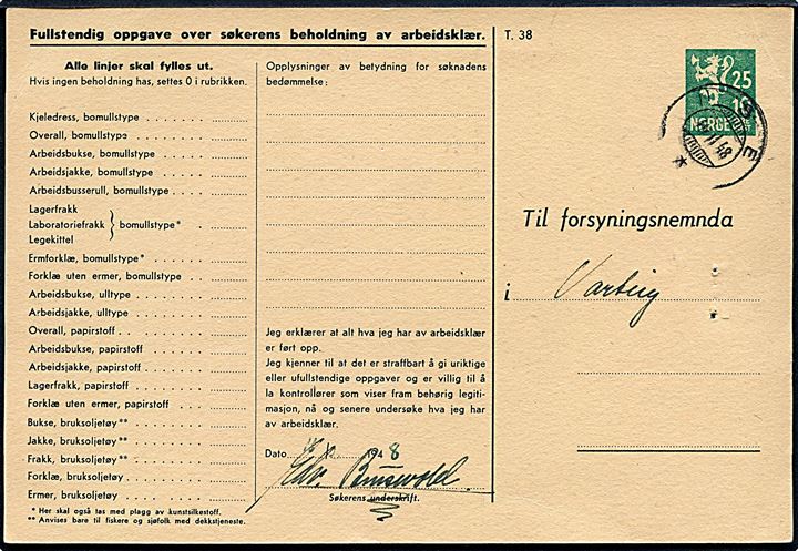 10+25 øre helsagsbrevkort Søknadskort for Arbeidsklær fra Ise d. 14.2.1948. Nålehuller.