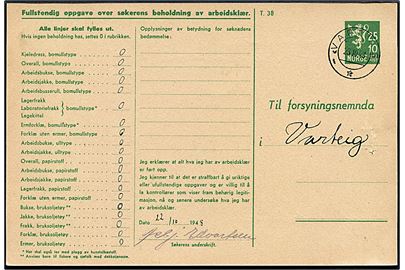 10+25 øre helsagsbrevkort Søknadskort for arbeidsklær stemplet Varteig d. 23.10.1948.