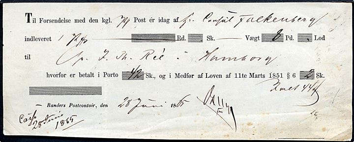 Fortrykt postkvittering fra Randers Postkontor d. 28.6.1865 for pakke til Hamburg. 