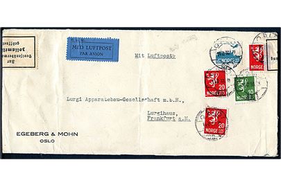 10 øre, 20 øre (3) Løve og 45 øre Luftpost på luftpostbrev fra Oslo d. 14.2.1938 til Frankfurt, Tyskland. Åbnet af tysk toldkontrol i Berlin.