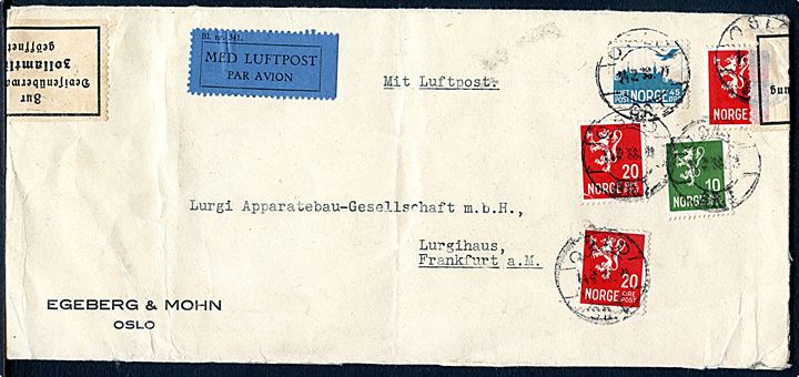 10 øre, 20 øre (3) Løve og 45 øre Luftpost på luftpostbrev fra Oslo d. 14.2.1938 til Frankfurt, Tyskland. Åbnet af tysk toldkontrol i Berlin.