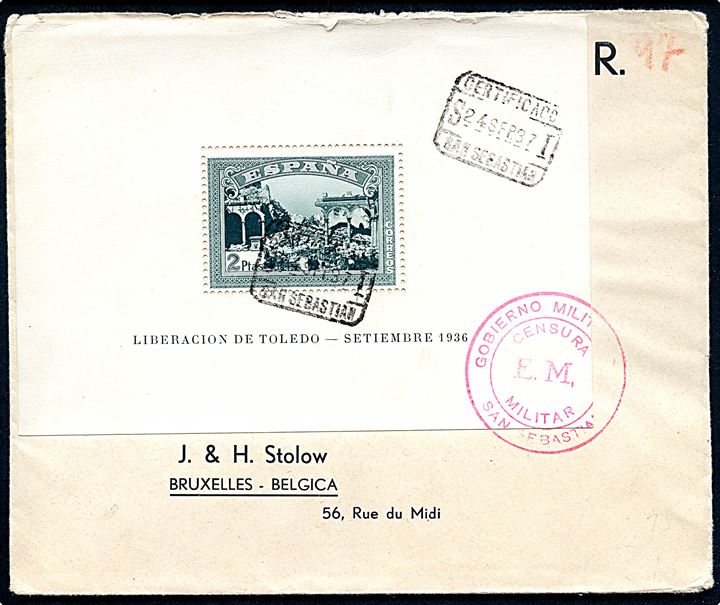 2 pts. Liberacion de Toledo blok udg. på anbefalet brev fra San Sebastian d. 24.9.1937 til Bruxelles, Belgien. Lokal spansk censur fra San Sebastian. Bagklap mgl.