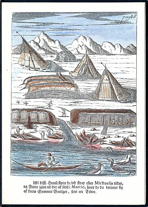 4 forskellige Kobberstik fra Hans Egedes værk Det Gamle Grønlands Nye Perlustration fra 1741. Klapkort uden adr. linier udgivet i anledning af 250-året for Hans Egedes ankomst til Grønland. 