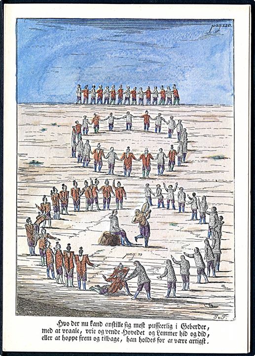 4 forskellige Kobberstik fra Hans Egedes værk Det Gamle Grønlands Nye Perlustration fra 1741. Klapkort uden adr. linier udgivet i anledning af 250-året for Hans Egedes ankomst til Grønland. 
