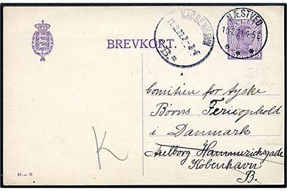 15 øre Chr. X helsagsbrevkort (fabr. 61-H) fra Næstved d. 10.2.1921 til Comiteen for tyske Børns Ferieophold i Danmark i København. Meddelelse om at barn no. 564 er modtaget.