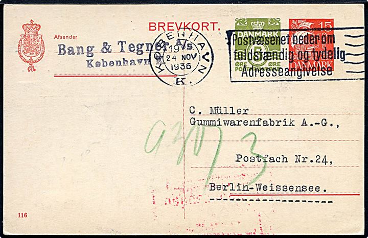 15+5 øre provisorisk helsagsbrevkort (fabr. 116) fra København d. 24.11.1936 til Berlin, Tyskland.