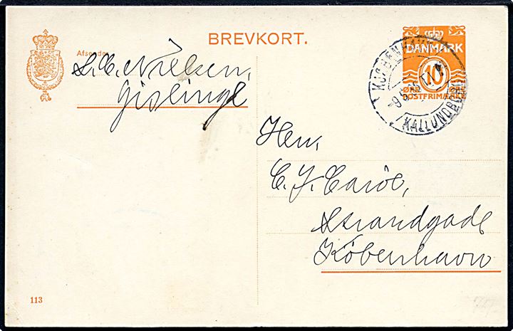 10 øre helsagsbrevkort (fabr. 113) dateret Gislinge og annulleret med bureaustempel Kjøbenhavn - Kallundborg T.174 d. 9.5.1935 til København.