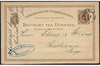 6 øre helsagsbrevkort fra Kjøbenhavn annulleret med svensk bureaustempel PKXP No. 2 UPP. d. 13.2.1882 til Christiania, Norge.
