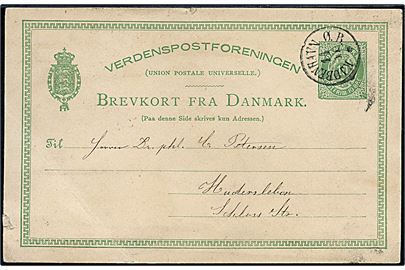 10 øre helsagsbrevkort annulleret med antiqua Kjøbenhavn Ø.B. d. 14.11. (1880?) til Hadersleben i Slesvig. Stemplet blev i 1880 benyttet ved Banegaardspostkontoret på kassepost fra Østerbro.