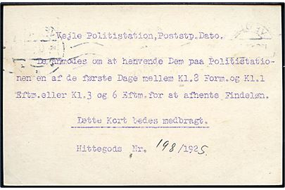 7/8 øre provisorisk helsagsbrevkort brugt lokalt i Vejle d. 15.12.1926. På bagsiden fortrykt meddelelse fra Vejle Politistation for at afhente Findeløn.