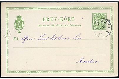 5 øre Våben helsagsbrevkort annulleret med lapidar Ørsted d. 10.10.1889 til Randers.