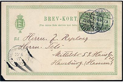 5 øre Våben helsagsbrevkort opfrankeret med 5 øre Våben fra Oure annulleret med bureaustempel Nyborg - Svendborg T.8 d. 22.6.1897 til Hamburg, Tyskland. Hj. skade.