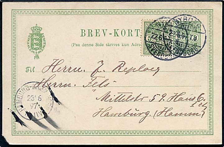 5 øre Våben helsagsbrevkort opfrankeret med 5 øre Våben fra Oure annulleret med bureaustempel Nyborg - Svendborg T.8 d. 22.6.1897 til Hamburg, Tyskland. Hj. skade.