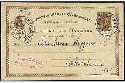 6 øre helsagsbrevkort annulleret med lapidar Kiøbenhavn N. d. 16.12.1884 til Oskarshamn, Sverige.