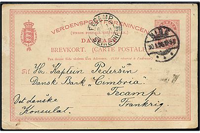 10 øre Våben helsagsbrevkort fra Nibe d. 30.1.1896 til kaptajn Pedersen, Danske Bark Cimbria c/o Det danske Konsulat i Fecamp, Frankrig.