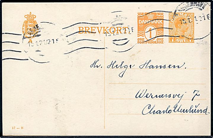 7+1 øre provisorisk helsagsbrevkort (fabr. 57-H) stemplet Kjøbenhavn d. 15.1.1921 til Charlottenlund. På bagsiden meddelelse fra Det Danske Spejderkorps med liniestempel: 1' Charlottenlund Trop. (Oprettet 3.1.1911).