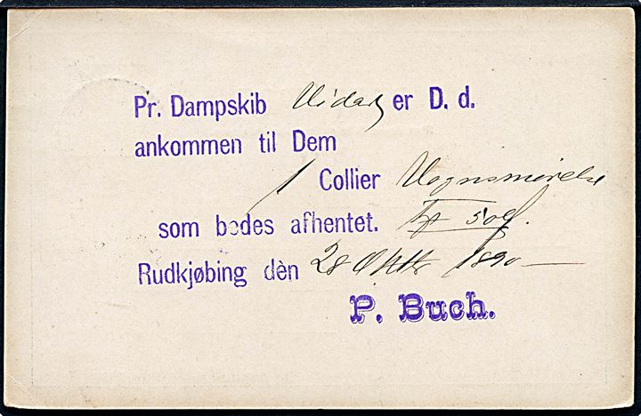 5 øre Våben helsagsbrevkort brugt som adviskort vedr. gods ankommet med dampskibet Vidar annulleret med lapidar Rudkjøbing d. 29.10.1890 til Pudselykke.