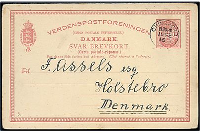 10 øre Våben svardel af dobbelt helsagsbrevkort annulleret med engelsk stempel i Chingford d. 15.2.1916 til Holstebro, Danmark.