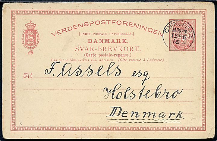 10 øre Våben svardel af dobbelt helsagsbrevkort annulleret med engelsk stempel i Chingford d. 15.2.1916 til Holstebro, Danmark.