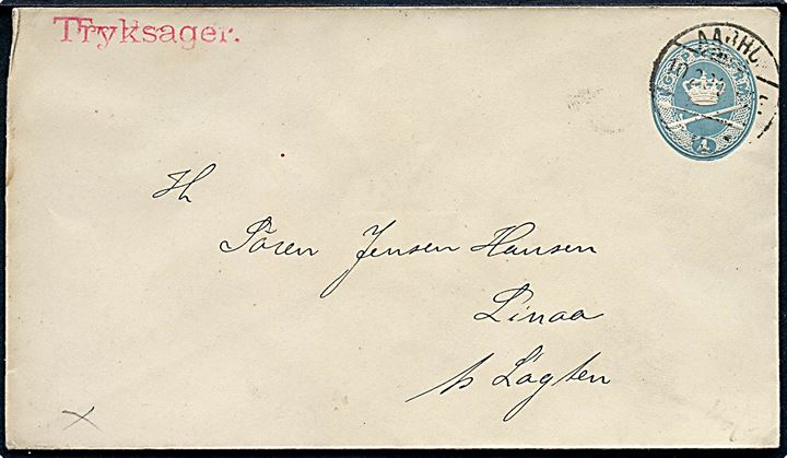 4 øre helsagskuvert sendt som tryksag fra Aarhus d. 10.2.1894 til Linaa pr. Løgten.