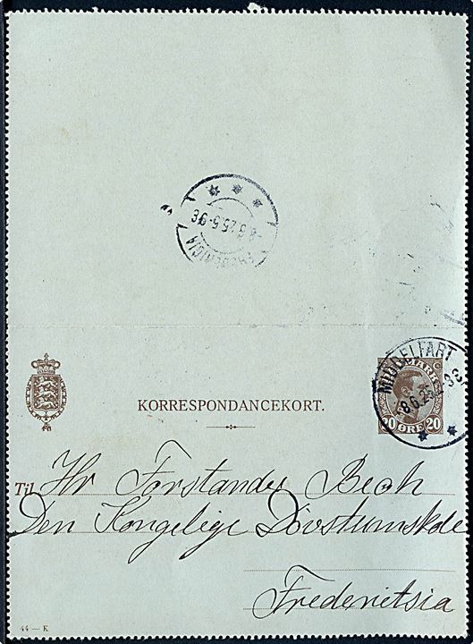 20 øre Chr. X helsags korrespondancekort dateret Fænø Badehotel og annulleret med brotype IIIb Middelfart d. 8.6.1925 til den kgl. Døvstummeskole i Fredericia. Interessant forsendelse fra den lille ø Fæmø i Lillebælt.