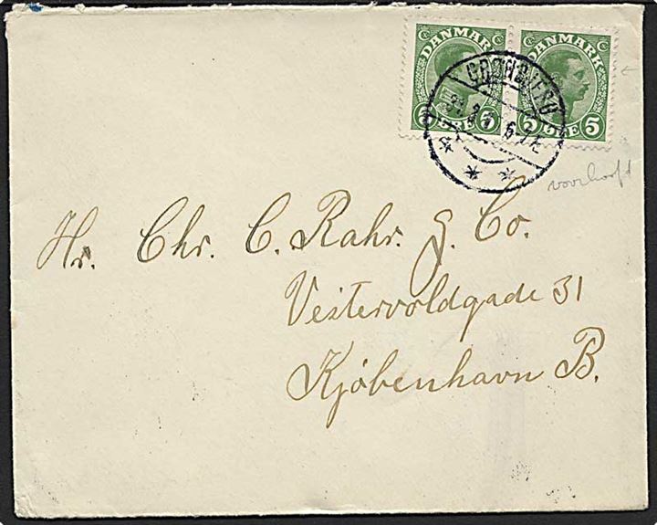5 øre Chr. X i parstykke på brev annulleret med brotype IIa stempel Grønbjerg d. 31.3.1915 til København.