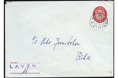 30 øre helsagskuvert (fabr. 75) annulleret med brotype IIc Laven d. 14.1.1954 til Ribe. Violet liniestempel: LAVEN.