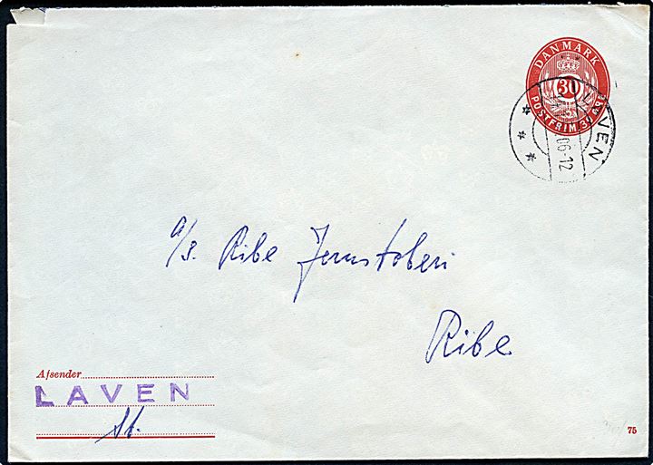 30 øre helsagskuvert (fabr. 75) annulleret med brotype IIc Laven d. 14.1.1954 til Ribe. Violet liniestempel: LAVEN.