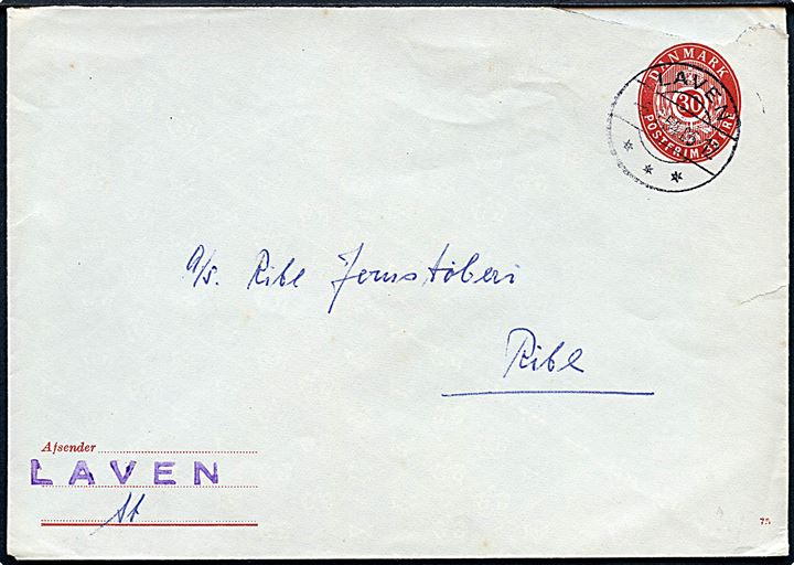 30 øre helsagskuvert (fabr. 75) annulleret med brotype IIc Laven d. 6.1.1954 til Ribe. Violet liniestempel: LAVEN. Rift.