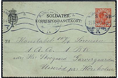 10 øre Chr. X Soldater Korrespondancekort skrevet på søfortet Trekroner d. 13.12.1916 og stemplet Kjøbenhavn d. 14.12.1916 til konstabel ved 1. Artilleri Afdeling 1. Batteri indkvarteret privat i Usserød pr. Hørsholm.